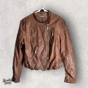 JZ Leather Jacket Women Large Brown Moto Biker Coat Zipper Pockets Stylish